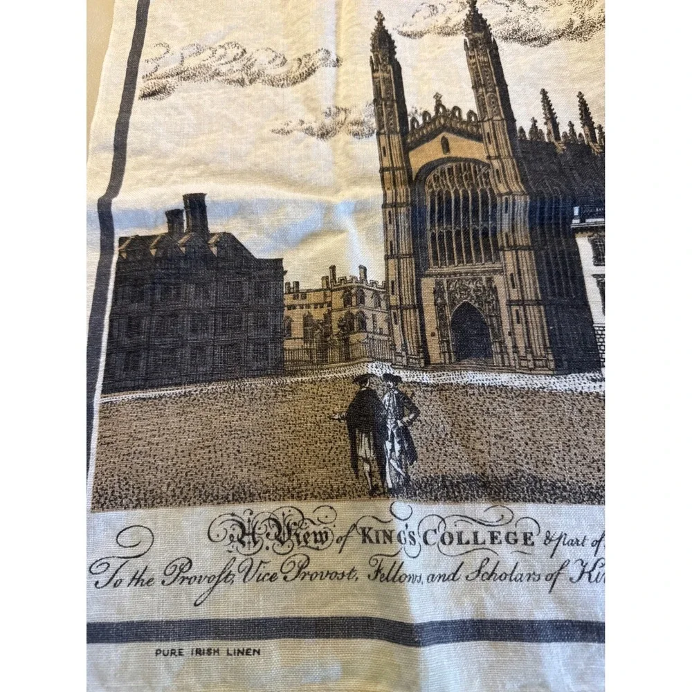 Vintage Pure Irish Linen Tea Towel Kings College University of Cambridge Print